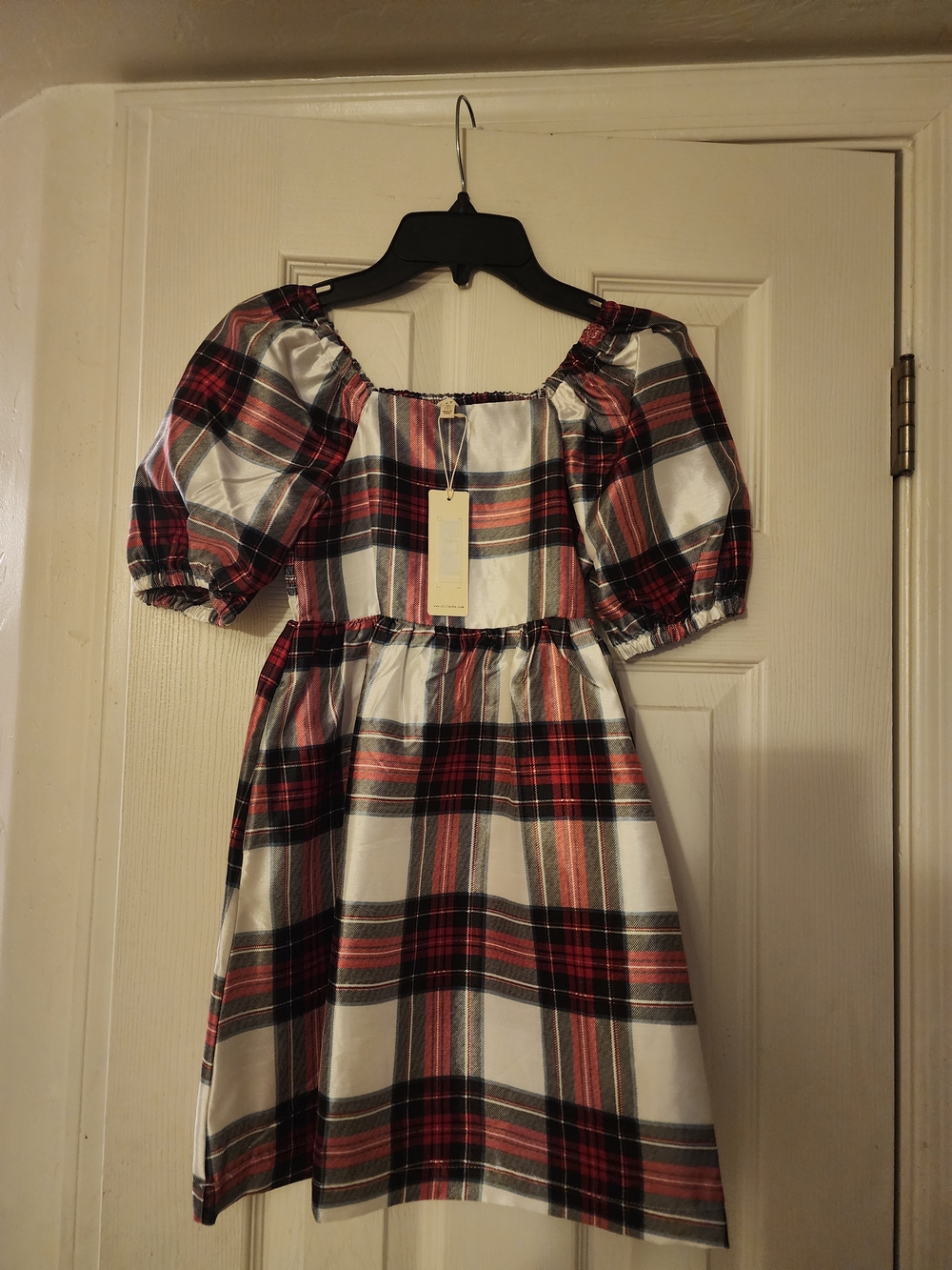 Plaid Puff-Sleeve Dress in Red, Black & White And Some Green